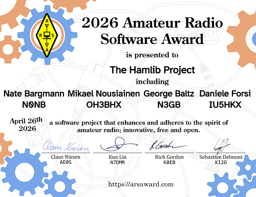 Certificate of the 2026 Amateur Radio Software Award - Hamlib